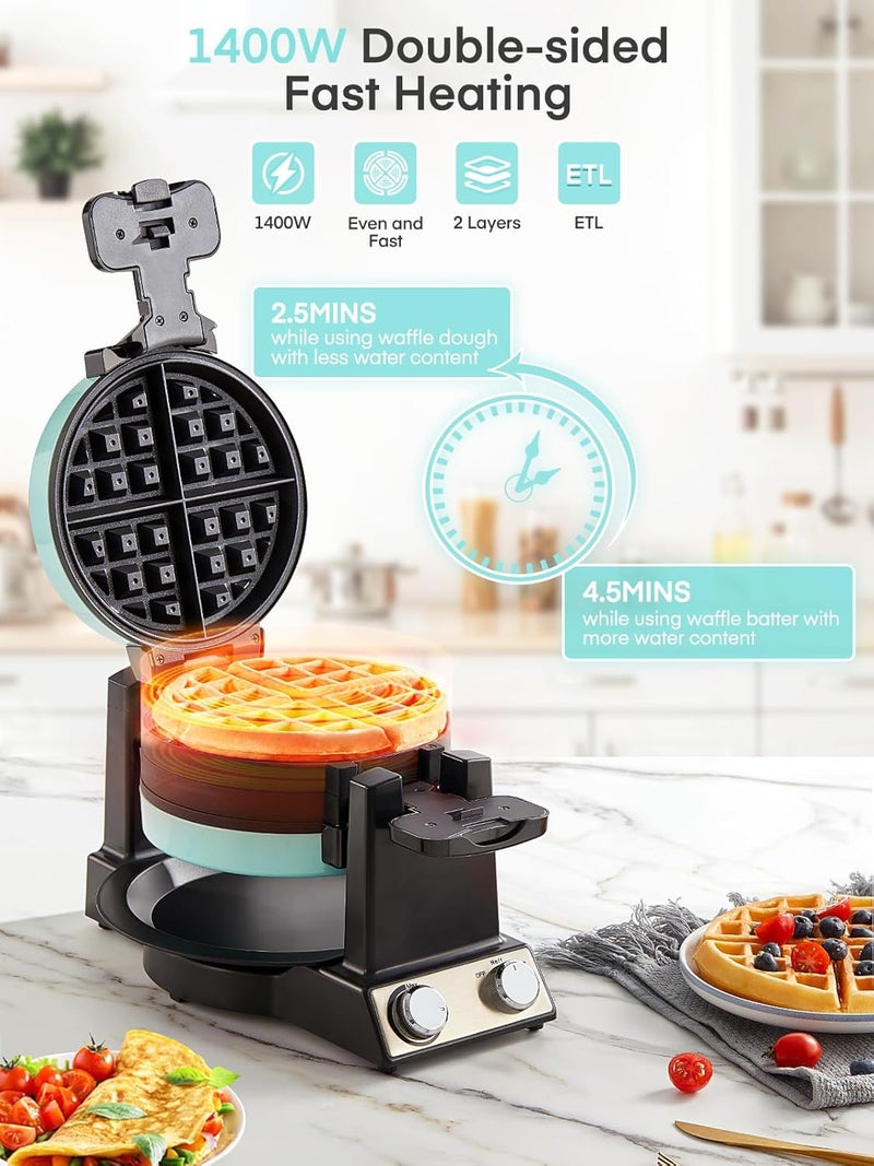FOHERE 2-in-1 Omelette Maker&Waffle Maker, 1400W Omelet Waffle Maker 180° Flip, Adjustable Browning Control, Non-Removable & Nonstick Pans, Make Two Omelet and One Waffle at Once for Home (Mint Green) - Image 3
